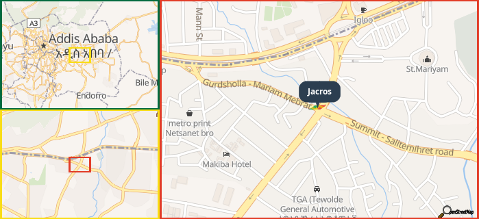 Map showing the address of Jacros in three different zoom levels.