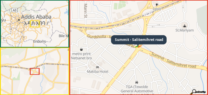Map showing the address of Summit - Salitemihret road in three different zoom levels.