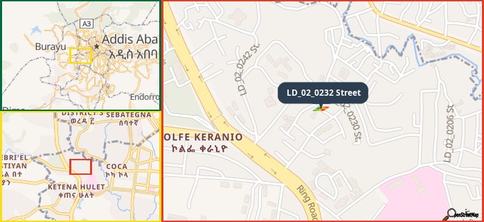 Map showing the address of LD_02_0232 Street in three different zoom levels.