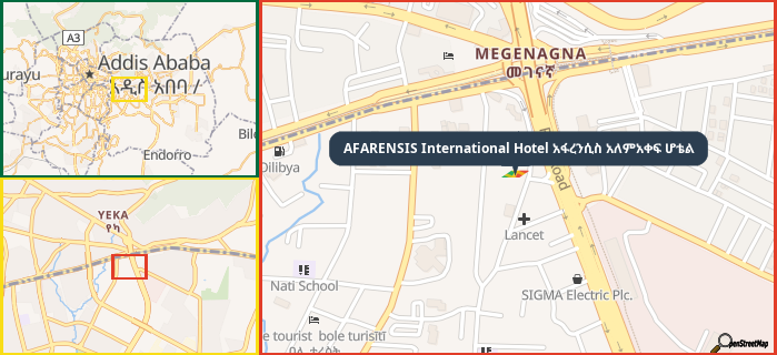 Map showing the address of AFARENSIS International Hotel አፋረንሲስ አለምአቀፍ ሆቴል in three different zoom levels.