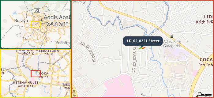 Map showing the address of LD_02_0221 Street in three different zoom levels.