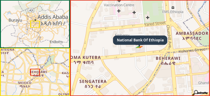 Map showing the address of National Bank Of Ethiopia in three different zoom levels.