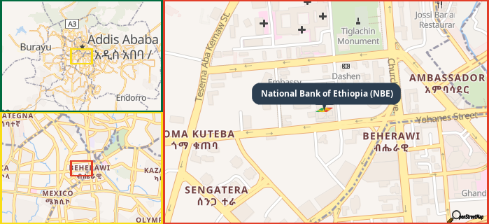 Map showing the address of National Bank of Ethiopia (NBE) in three different zoom levels.