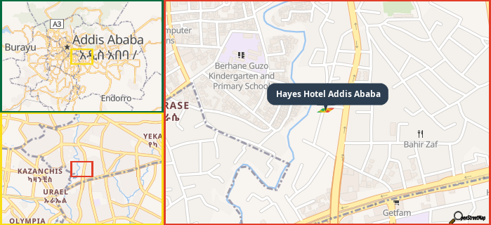 Map showing the address of Hayes Hotel Addis Ababa in three different zoom levels.