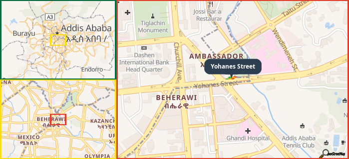 Map showing the address of Yohanes Street in three different zoom levels.