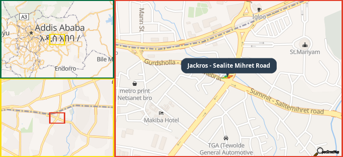 Map showing the address of Jackros - Sealite Mihret Road in three different zoom levels.