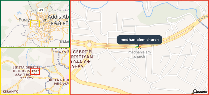 Map showing the address of medhanialem church in three different zoom levels.