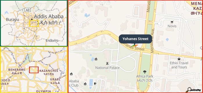 Map showing the address of Yohanes Street in three different zoom levels.