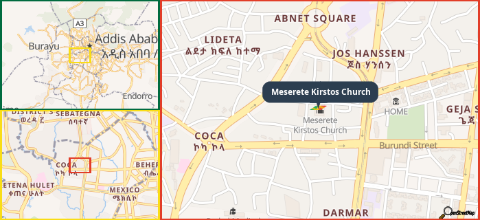 Map showing the address of Meserete Kirstos Church in three different zoom levels.