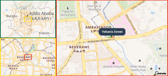 Map showing the address of Yohanis Street in three different zoom levels.