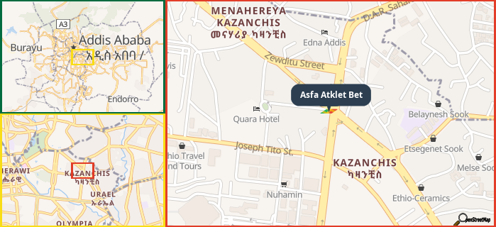 Map showing the address of Asfa Atklet Bet in three different zoom levels.