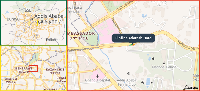 Map showing the address of Finfine Adarash Hotel in three different zoom levels.