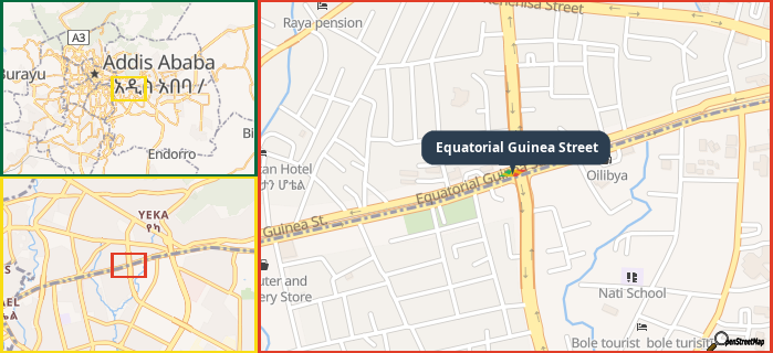 Map showing the address of Equatorial Guinea Street in three different zoom levels.