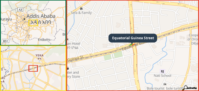 Map showing the address of Equatorial Guinea Street in three different zoom levels.