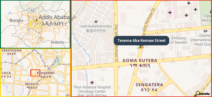 Map showing the address of Tesema Aba Kemaw Street in three different zoom levels.