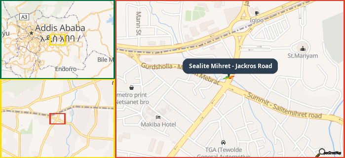 Map showing the address of Sealite Mihret - Jackros Road in three different zoom levels.
