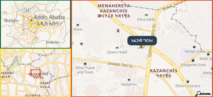 Map showing the address of አልጋነሽ ግሮሰሪ in three different zoom levels.