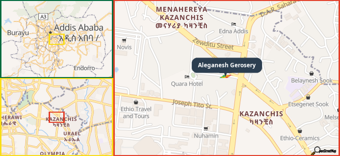 Map showing the address of Aleganesh Gerosery in three different zoom levels.