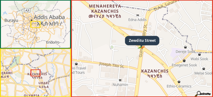 Map showing the address of Zewditu Street in three different zoom levels.