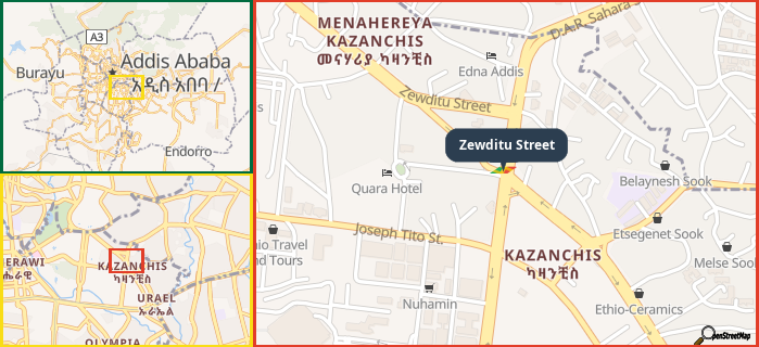 Map showing the address of Zewditu Street in three different zoom levels.