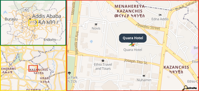 Map showing the address of Quara Hotel in three different zoom levels.