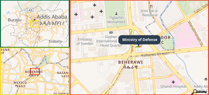 Map showing the address of Ministry of Defense in three different zoom levels.