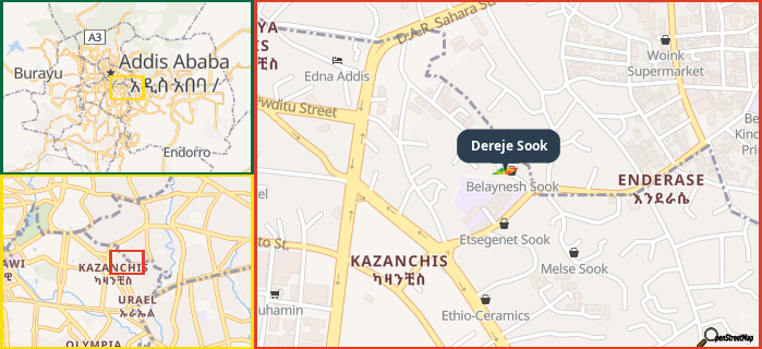 Map showing the address of Dereje Sook in three different zoom levels.