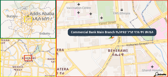 Map showing the address of Commercial Bank Main Branch የኢትዮጵያ ንግድ ባንክ ዋና መ/ቤት in three different zoom levels.