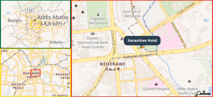 Map showing the address of Harambee Hotel in three different zoom levels.