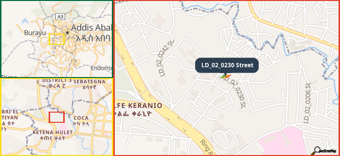 Map showing the address of LD_02_0230 Street in three different zoom levels.