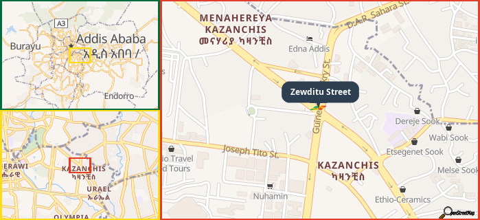 Map showing the address of Zewditu Street in three different zoom levels.
