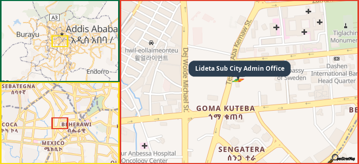 Map showing the address of Lideta Sub City Admin Office in three different zoom levels.