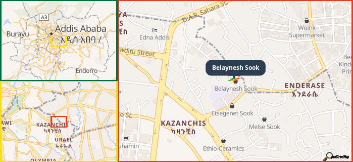 Map showing the address of Belaynesh Sook in three different zoom levels.