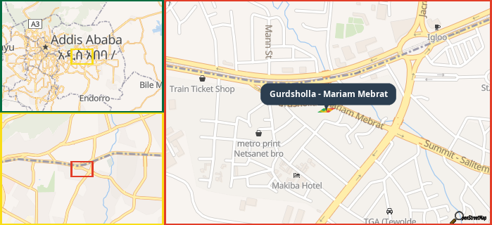 Map showing the address of Gurdsholla - Mariam Mebrat in three different zoom levels.