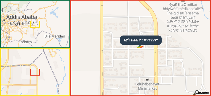 Map showing the address of አያት ጨፌ ኮንዶሚኒየም in three different zoom levels.