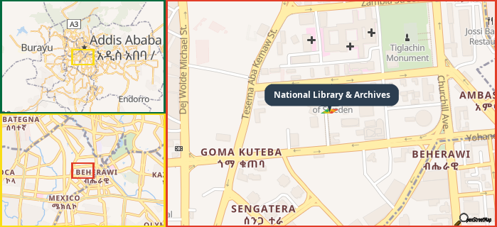 Map showing the address of National Library & Archives in three different zoom levels.