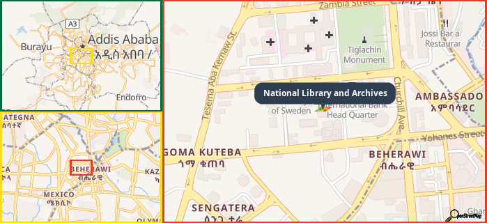 Map showing the address of National Library and Archives in three different zoom levels.