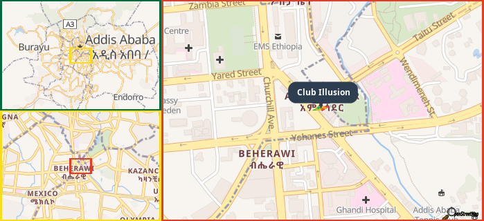 Map showing the address of Club Illusion in three different zoom levels.