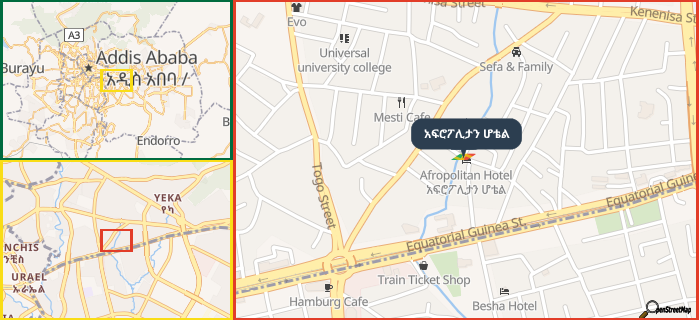 Map showing the address of አፍሮፖሊታን ሆቴል in three different zoom levels.