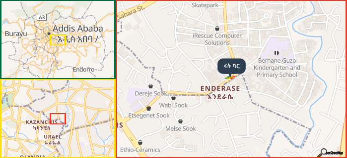 Map showing the address of ሩት ባር in three different zoom levels.