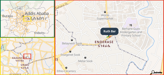 Map showing the address of Ruth Bar in three different zoom levels.