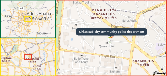 Map showing the address of Kirkos sub-city community police department in three different zoom levels.