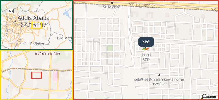 Map showing the address of እያሱ in three different zoom levels.