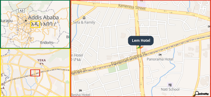 Map showing the address of Lem Hotel in three different zoom levels.