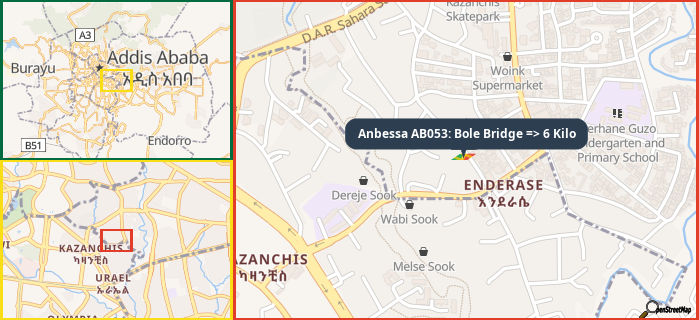 Map showing the address of Anbessa AB053: Bole Bridge => 6 Kilo in three different zoom levels.