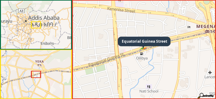 Map showing the address of Equatorial Guinea Street in three different zoom levels.