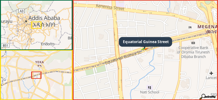 Map showing the address of Equatorial Guinea Street in three different zoom levels.
