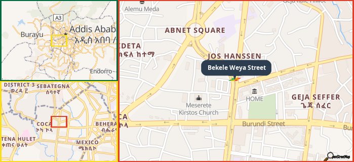 Map showing the address of Bekele Weya Street in three different zoom levels.