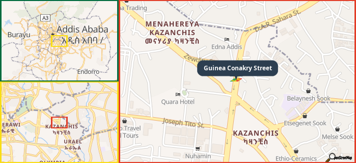 Map showing the address of Guinea Conakry Street in three different zoom levels.