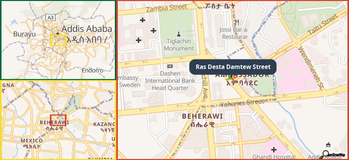 Map showing the address of Ras Desta Damtew Street in three different zoom levels.